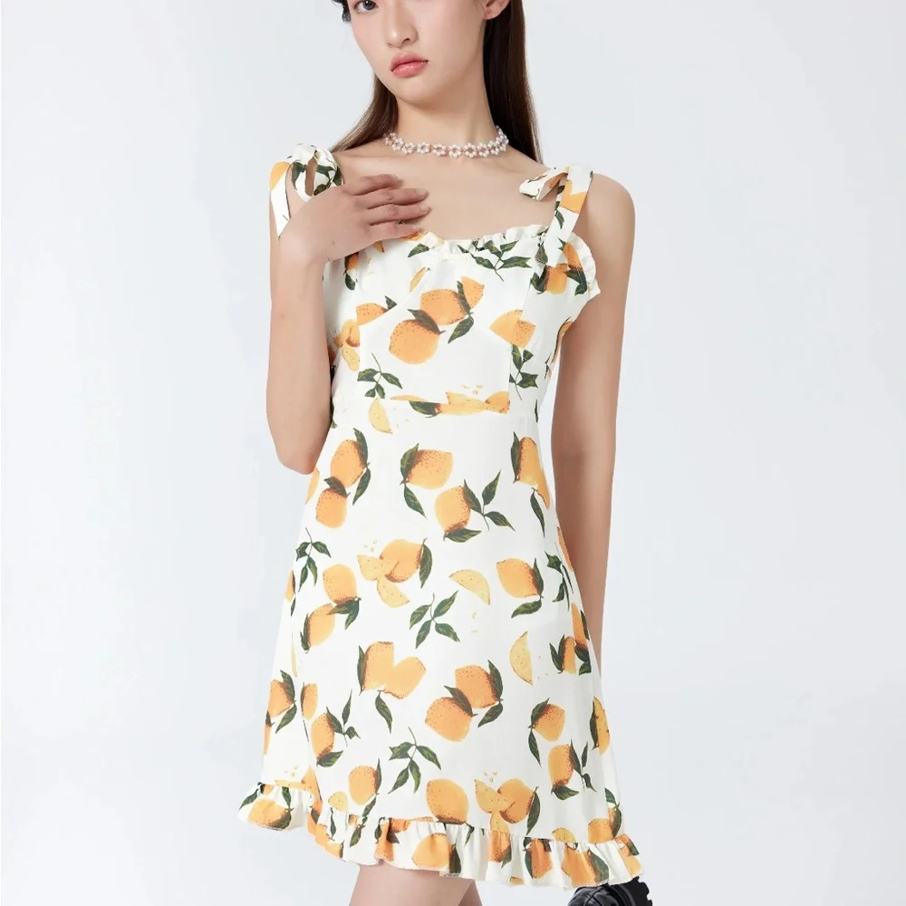 LEMON PRINT RUFFLE HEM TIE SHOULDER MINI DRESS - Picture 11 of 14
